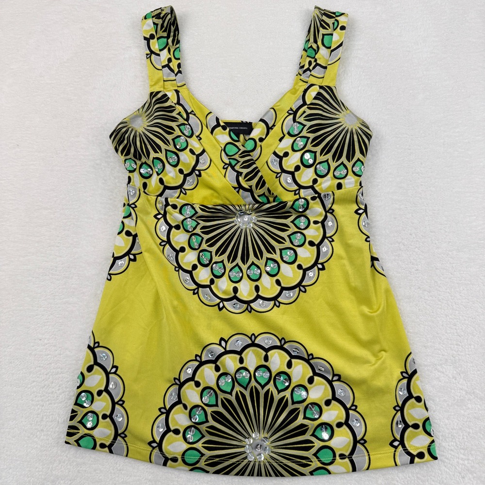 INC Y2K Babydoll Tank Top Womens‎ Small Yellow Medallion Sequin Boho Summer